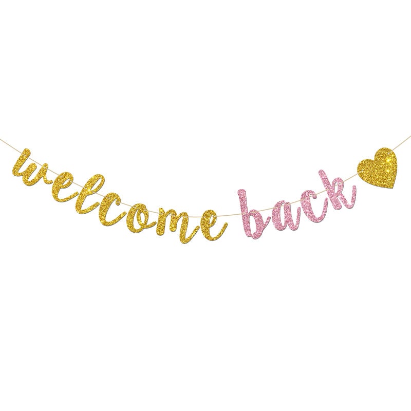 INNORU Welcome Back Banner, Gold and Pink Glitter Retirement Party Banner, Moving Away, Retirement Party Decorations, First Day of School Banner - Image 1